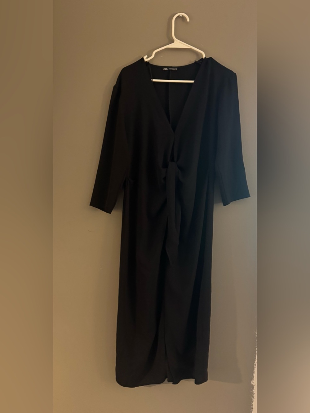 Zara Black Long-Sleeve Knot-Front Midi Dress
